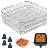 BYKITCHEN 8 inch Square Air Fryer Rack, 3pcs Stackable Stainless Steel Dehydrator Rack with Silicon Feet, Square Air Fryer Accessories for Cosori, Instant Vortex, Ninja Pro XL 6.5 QT AF181 & More