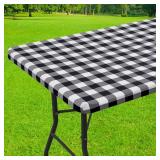 Smiry Rectangle Picnic Table Cloth, Elastic Waterproof Fitted Vinyl Tablecloths, Flannel Backed Buffalo Plaid Table Covers for Dining, Camping, Outdoor (Black and White, 30" x 60")