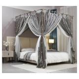 AIOOO 4 Corners Post Princess Curtain Bed Canopy Double Layer Cozy Mosquito Net Mesh and Cloth for Girls Adults Bedroom Decoration (Double-Grey/White, 59" W*82" L*82"*H/(Queen))