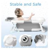 BUNWAG Baby Bathtub, Collapsible Newborn Bathtub for Infant to Toddler with Soft Cushion and Thermometer,Portable Travel Newborn Tub with No-Slip Feet, Baby Shower Gifts, 0-12 Months Baby Bath, Grey
