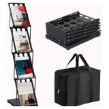 Brochure Display Stand Foldable Magazine Rack, Metal Brochure Holder Literature Rack with Carrying Bag, 4 Pockets Literature Stand for Exhibition Trade Show and Office Retail Store, Black