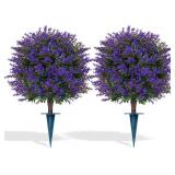 Grooy Artificial Lavender Topiary Ball for Outdoors, Set of 2 Boxwood Plant Tree with Spike, Fake Shrubs UV Resistant Faux Plants for Indoor Outdoor Decor