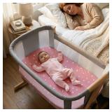 $16 Gllquen Baby Bedside Sleeper Sheets 33x20 Inch 4 Pack - Fitted Crib Mattress Covers, Ultra Soft Oeko-TEX Certified Bassinet Sheets for Girls Boys, Gift Ready Box for Baby Shower (Chosen in Pink)