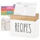 $14 Dahey Wooden Recipe Box White Recipe Organizer with 100 Recipe Cards and 6 Dividers, Recipe Card Holder Box Set with Lid and Slots to Write in Your Own Recipes for Cooking Lover Kitchen, 6.9'x4.3'