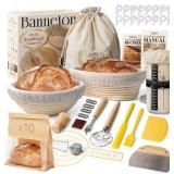 $32 BAVIFY Sourdough Starter Kit, Banneton Bread Proofing Baskets Set, Sourdough Bread Baking Supplies Making Tools with Dough Scraper, Whisk, Bread Lame, Recipe, 1 Round 1 Oval 1 Jar Gift Set