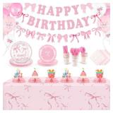 $16 226Pcs Pink Bow Birthday Decorations Serve 25, Coquette Birthday Party Supplies Include Plates Napkins Cups Banner Tablecloth Balloons Honeycomb Centerpieces for Girls & Women