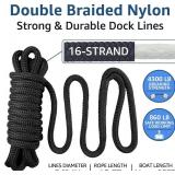 $22 2 Pack 3/8' x 15' Dock Lines - Marine Grade Nylon Boat Rope with 12' Loop for Docking and Mooring - Double Braided Boat Lines, High Strength, Easy Handling, Fray Resistant - Black