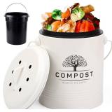 $21 Perfnique Kitchen Compost Bin, 1.3 Gallon Countertop Compost Bin with Lid, Indoor Compost Bucket Includes Inner Bucket Liner and Carbon Filter, Small Compost Bin (Without Bags, Cream)