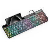 $16 MARVO Large Print Backlit Keyboard, WK712 Wired Computer Keyboards with 7 Colors & 11 Modes Backlight, Tablet Phone Holder and Quiet Light Up Keys, Full-Size Gaming Keyboard for Windows, Mac