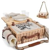 $56 Multifunctional Wicker Picnic Basket Set for 4 with Blanket and Picnic Table, Insulated Picnic Set with Full Tablewares for Camping Outdoor Couples,Natural