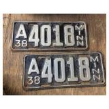 Vintage Pair 1938 Minnesota License Plates