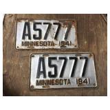 Vintage Pair 1941 Minnesota License Plates