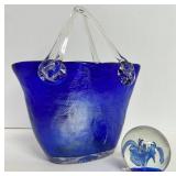 Blue Art Glass Basket & Paperweight Set