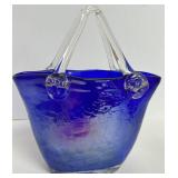 Blue Art Glass Basket & Paperweight Set