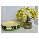 Pinchware 12' Plates Set of 4 and Faux Hydrangea set in Glass Vase
