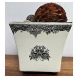 Wooden Box Mixed Lot With Wicker Basket, Ceramic Planter & Glass Dish 19 X 8 X 6 in