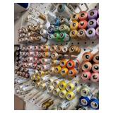 Assorted Thread Spools on Pegboard including T.S. Colour Art Silk