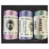 Assorted Thread Spools on Pegboard including T.S. Colour Art Silk