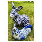 Blue & White Ceramic Rabbit & Rooster Figurines Mixed Lot