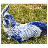 Blue & White Ceramic Rabbit & Rooster Figurines Mixed Lot