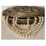 Godinger Silver Art Jewelry Casket With Costume Faux Pearl Necklace