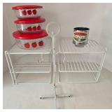 Vintage Kitchen Storage Racks, 3 Apple Containers & One Cup Sifter