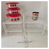 Vintage Kitchen Storage Racks, 3 Apple Containers & One Cup Sifter