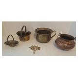 Vintage Small Copper Brass Buckets and Wall Hook (Lot of 5)
