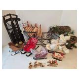 Mixed Lot: Christmas Sleigh Decor - Wicker, Wood, Wire
