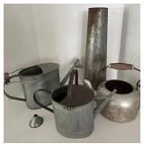 Vintage Galvanized Watering Can Group With Tall vase & Funnel