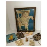 Vintage Baby Nursery Mixed Lot - Framed Print, Chatterduck Book & Doll Shoes