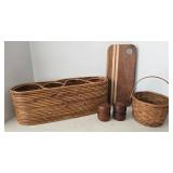 Mixed Lot: Longaberger Basket, Rattan Wine Rack, Wood Board & Shakers