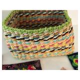 Fiber Arts Textile Patches & Woven Basket Mixed Lot- signed by the artist