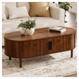 ZttRiee Oval Coffee Table, Cabinets - Walnut