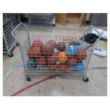 BASKETBALL CAGE ON WHEELS WITH LOTS OF BASKETBALLS