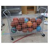 BASKETBALL CAGE ON WHEELS WITH LOTS OF BASKETBALLS