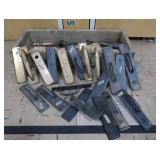 VINTAGE WOOD BOX FULL OF VINTAGE DOOR HANDLES, PLATES AND MORE