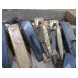 VINTAGE WOOD BOX FULL OF VINTAGE DOOR HANDLES, PLATES AND MORE