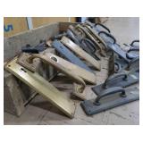 VINTAGE WOOD BOX FULL OF VINTAGE DOOR HANDLES, PLATES AND MORE