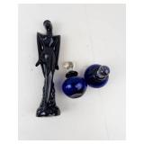 Art Glass Figurine & 2 Cobalt Blue Perfume Bottles