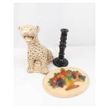 Chalkware Leopard, Fruit Basket Plaque & Wooden Candlestick Mixed Lot