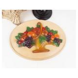 Chalkware Leopard, Fruit Basket Plaque & Wooden Candlestick Mixed Lot