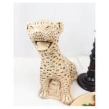 Chalkware Leopard, Fruit Basket Plaque & Wooden Candlestick Mixed Lot