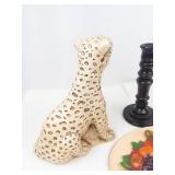 Chalkware Leopard, Fruit Basket Plaque & Wooden Candlestick Mixed Lot