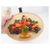 Chalkware Leopard, Fruit Basket Plaque & Wooden Candlestick Mixed Lot