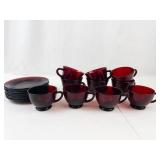 Vintage Anchor Hocking Royal Ruby Red Footed Teacup & Saucer Set (18 Piece)