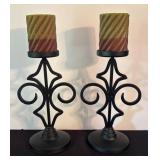 O - Pair of Pillar Candle Holders With Candles