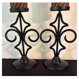 O - Pair of Pillar Candle Holders With Candles