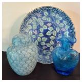 O - Vintage Blue & White Floral Plate, Crackle Glass Vase & Jar Mixed Lot