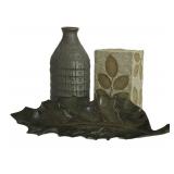 LL-ST - Bachman's Leaf Dish Resin Box & Pottery Vase Mixed Lot